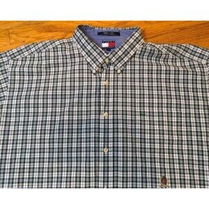 Tommy Hilfiger Shirt Mens XXL Green Plaid Pocket ButtonUp Vintage Lions Crest